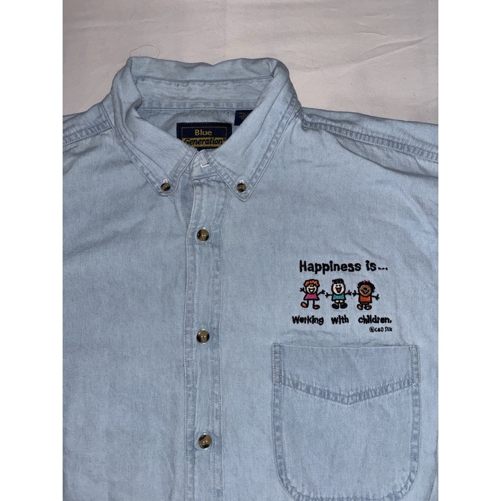 Vintage Denim Embroidered Button Down Shirt 90s 100% Cotton Teaching Children
